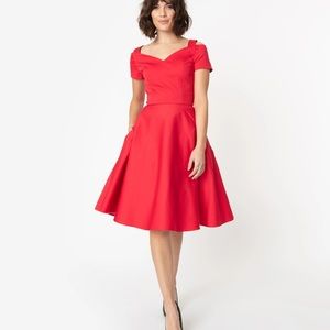 Unique Vintage Hell Bunny 1950s Red Swing Dress